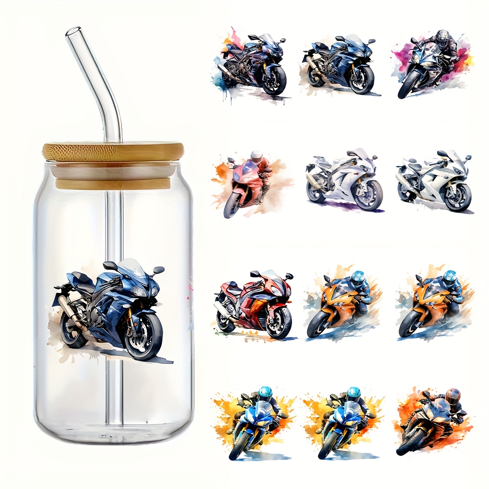 TEMU 4pcs/Set Thème de moto UV DTF Cup Wrap Impression Auto-adhésive étanche pour tasses Bouteilles d'eau Tasses, Transfert DTF pour canette en verre