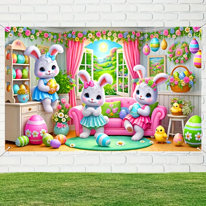 

1pc Easter Bunny And Eggs Party Banner - Vibrant Polyester Tapestry, 70.86x43.3 Inches, Indoor & Outdoor Celebration Backdrop, Holiday Photo Background, No Electricity Needed