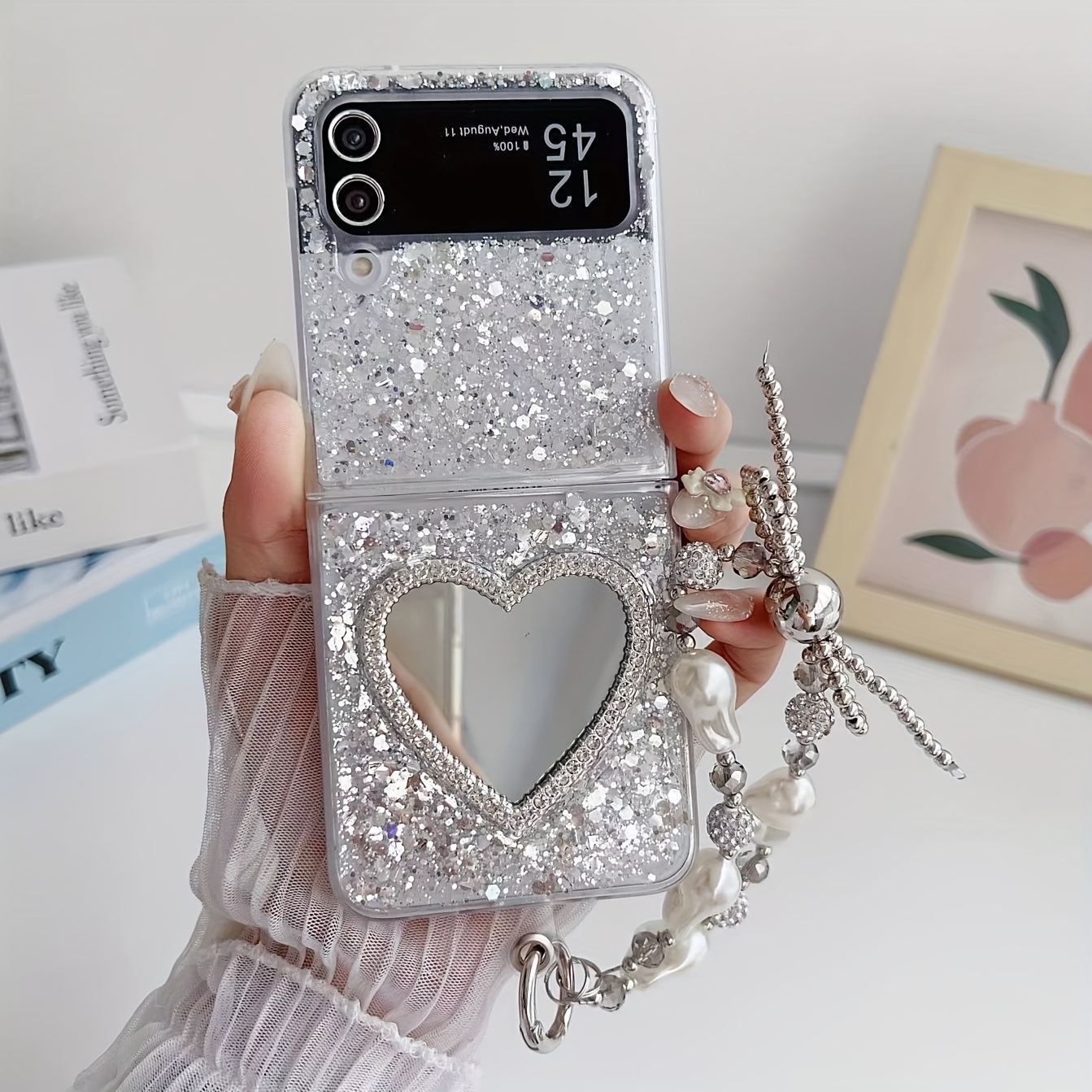 TEMU Phone Case - Sequined Heart-shaped Mirror Full Coverage Case For Galaxy Z Flip 3 Z Flip 4 Z Flip 5 Z Flip 6 Flip 7