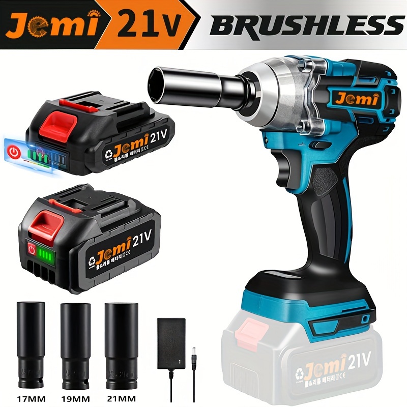 Jemi 21V Brushless Impact Wrench Cordless 1/2 Inch with Lithium-ion Battery Pack, High Torque Power Tool for Automotive and Home, Battery Operated with US Plug, 1500mAh Rechargeable Battery - Includes 17mm, 19mm, 21mm Sockets