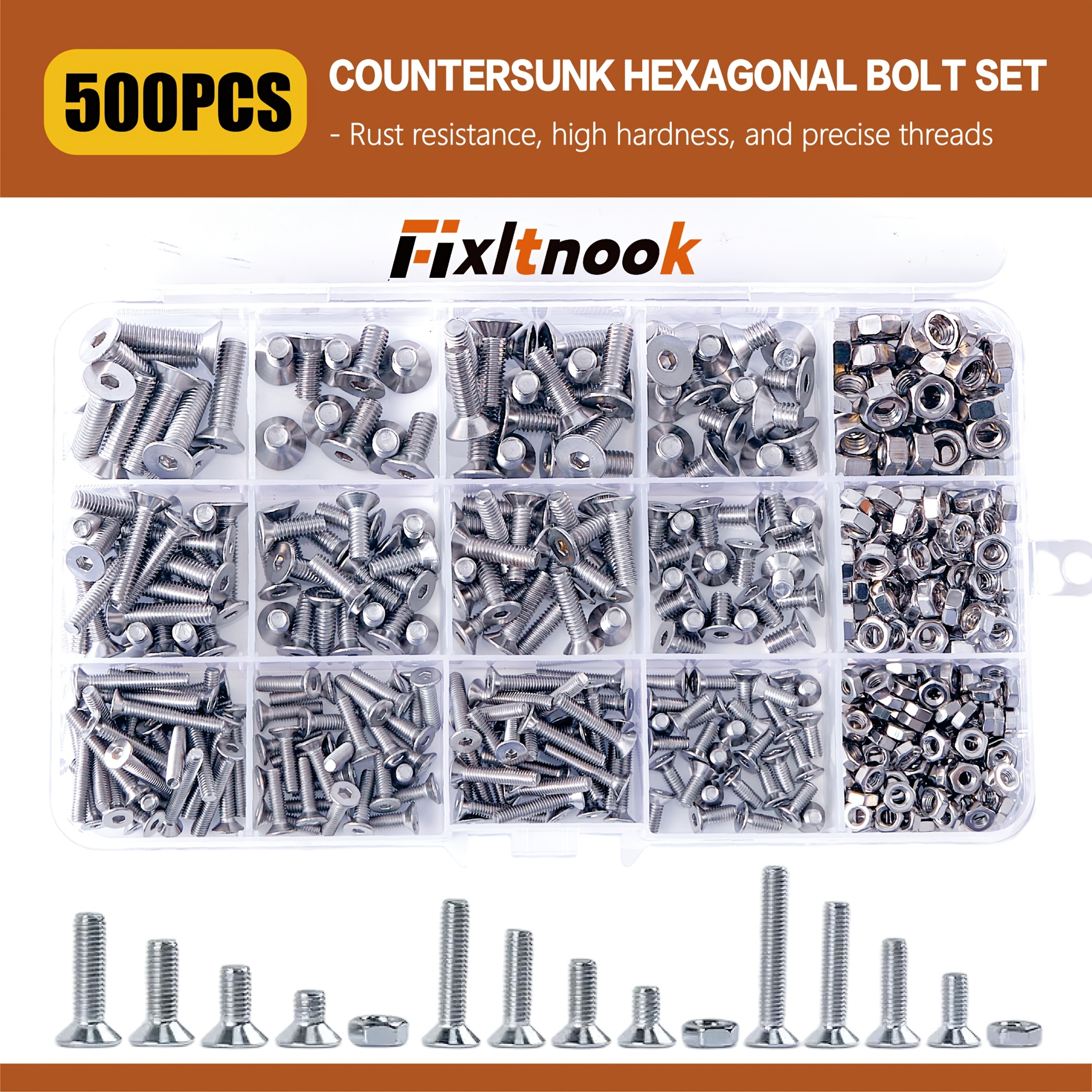 TEMU 500pcs, High-quality 304 Stainless Steel Hexagon Socket Screws - Sturdy Countersunk Design, Hexagon Drive, , Metric Hexagon Socket - Glossy