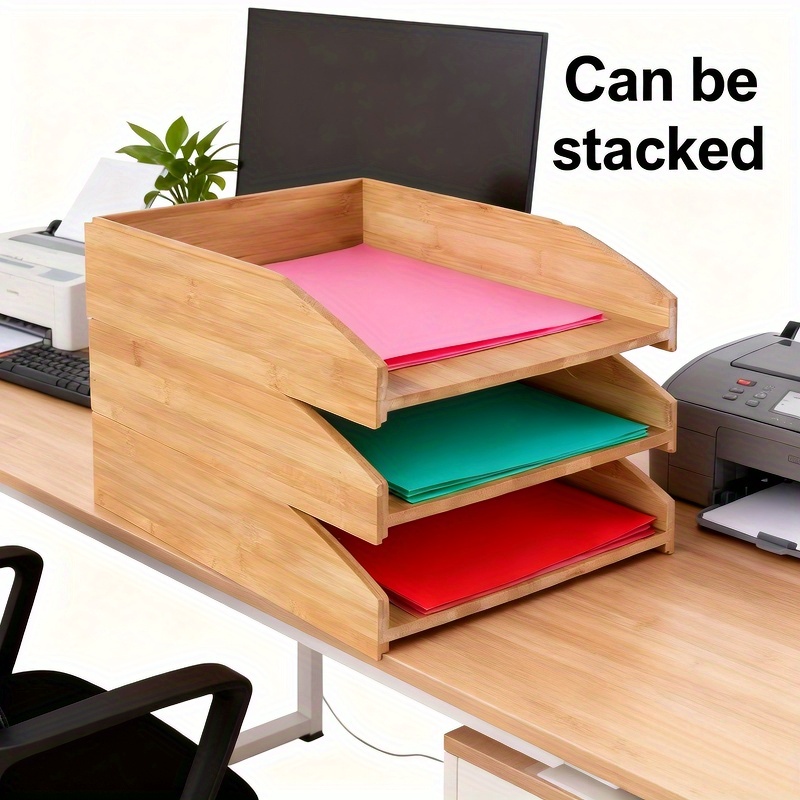 Bamboo Stackable File Box With Multiple Compartments - Large Capacity Vertical/horizontal Document Organizer For Office, Paper Records Storage Shelf - Bamboo Desk File Folder Holder