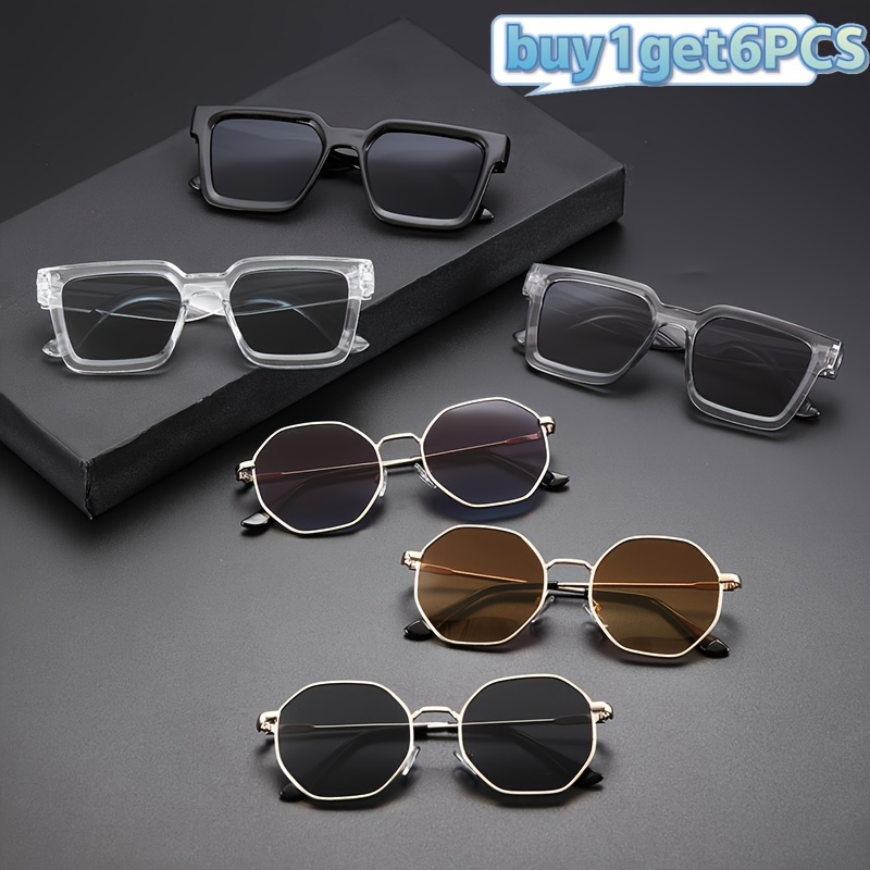 

6 paires de lunettes de soleil carrées classiques géométriques pour hommes, tendance et décoratives, polyvalentes pour la conduite quotidienne et les voyages.