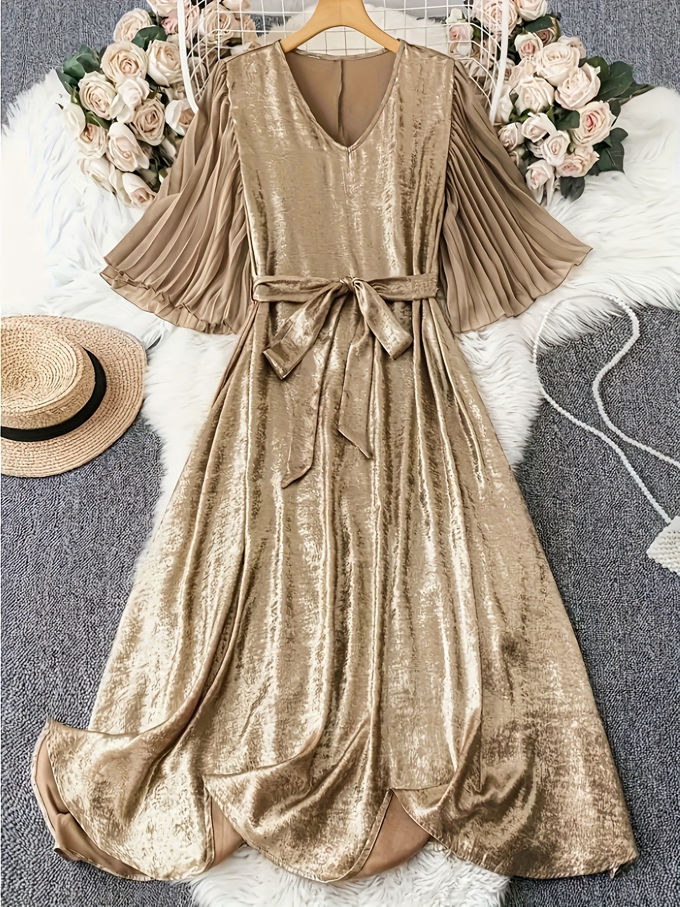 vestido elegante cuello pliegues manga corta cinturón Temu Ecuador