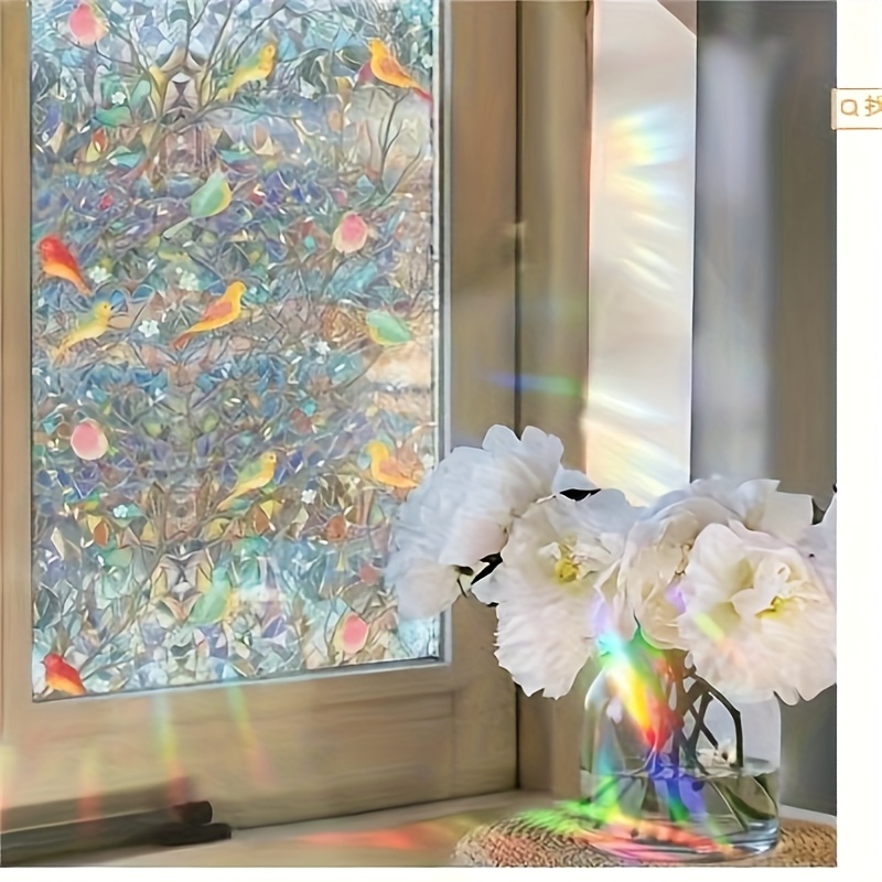 TEMU Colored Glass Window Film, Decorative And Bird Painted Frosted Glass Window Privacy Film, Static Cling Non-adhesive Window Sticker, Suitable For