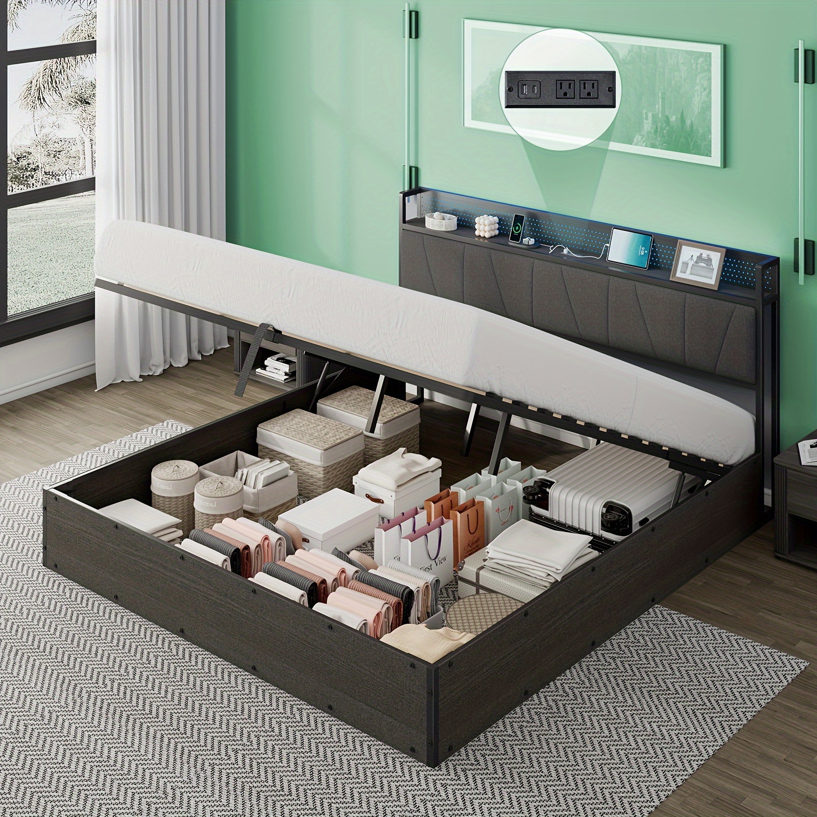 

Stylish Lift Up Bed With Charging Station And Led Light Strip, Featuring A Comfy Linen Headboard