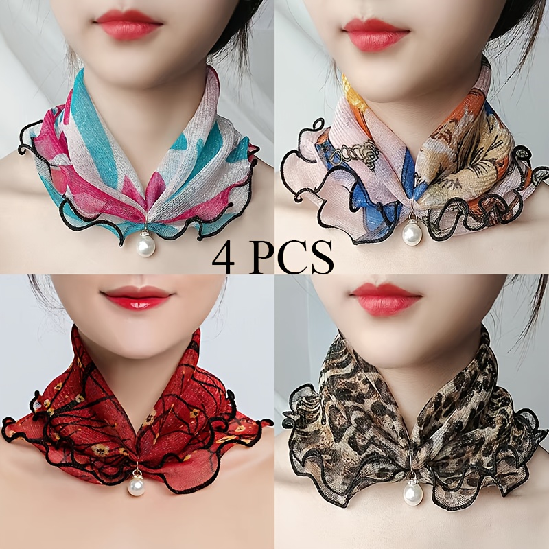 TEMU 4 Cute Printed Neck Scarves For Women, Lace Small Scarves For Spring And Summer, Lightweight Pendant Scarves