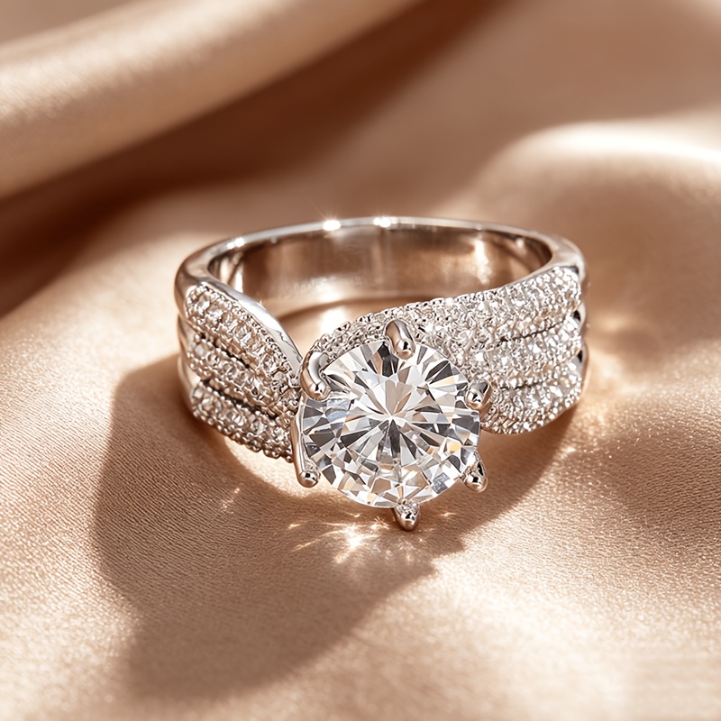 TEMU 1pc Classic Studded Ring, Full Three-dimensional Synthetic Cubic Zirconiaia Ring, 3 Of Full Lines Wedding Ring