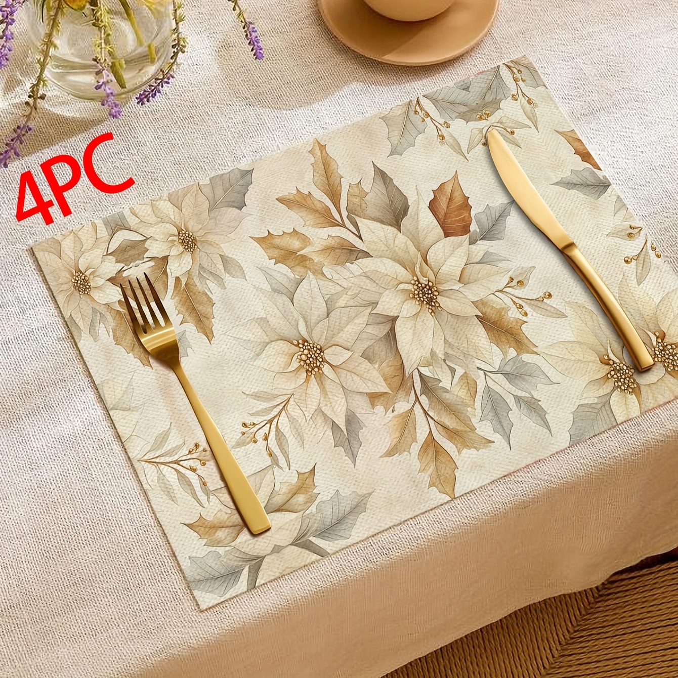 

Christmas Floral Placemats Set Of 4 - Polyester Knit Fabric Table Mats, Machine Washable, Rectangle Dining Place Mats For Holiday , 12x18 Inches