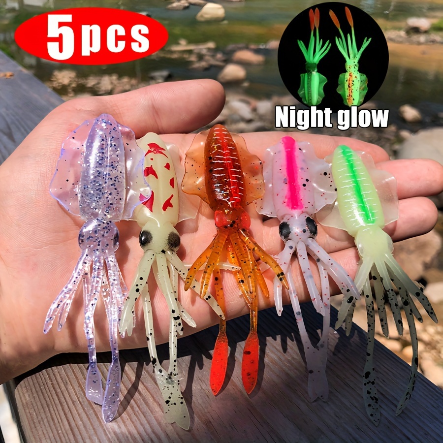 

5 Pack Of Night Glow Squid Soft Bait Fishing Lures - 12cm/4.72in, Tpe Material, Lead Free, Fishing Accessories