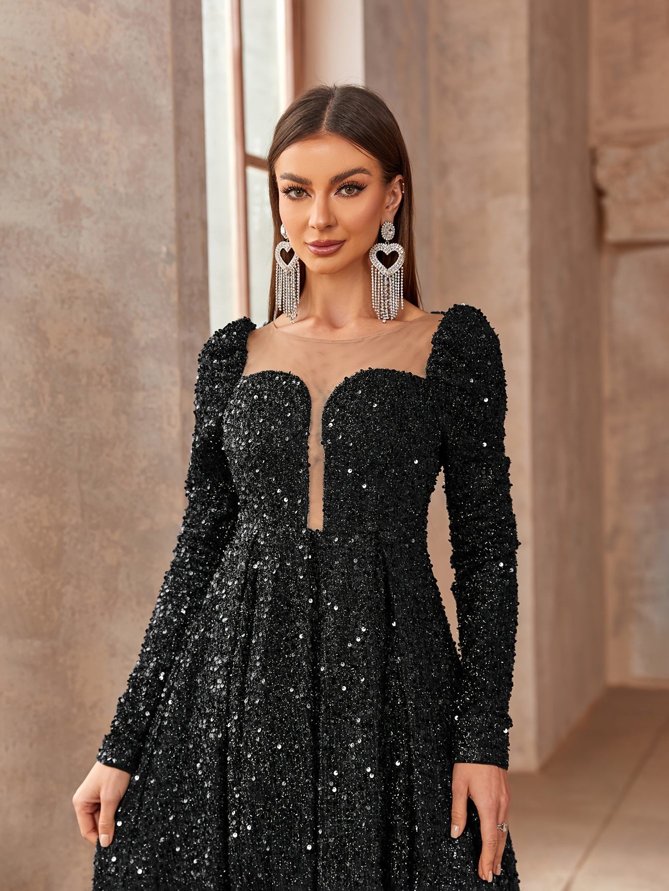 a line sequin dress with sleeves A-line Light Sky Blue Sparkly Long Prom Dresses Sequins Long Sleeve Ev –  SELINADRESS main image 0