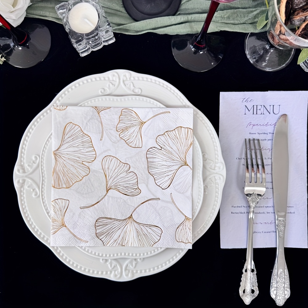 16 Sheets 2-layer White Hot Stamping Golden And Silver Ginkgo Leaf Party Napkins Wedding Party Decoration Restaurant Hotel Cafe Applicable 13x13inch For Halloween、christmas