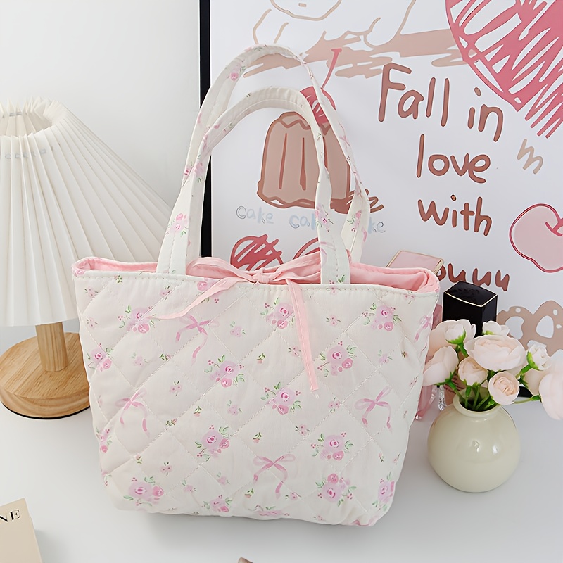cute pink floral bow quilted ladies tote bag large capacity Temu