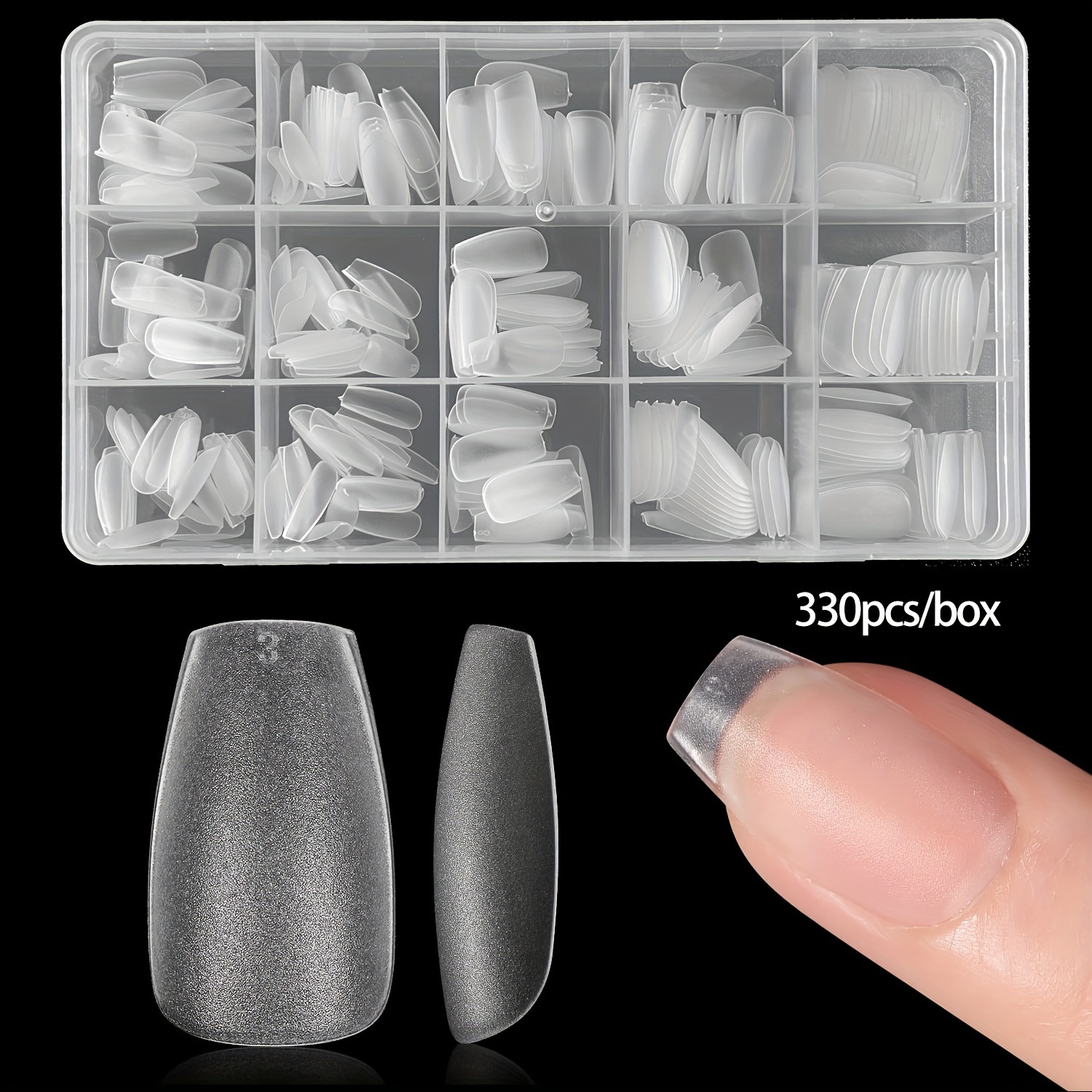 Image of 330pcs Of Matte Short Coffin-shaped False Nails, In 15 Sizes, Clear Acrylic Press-on Nails Designed For Gel Nail Art, Perfect For Women To Use For At Home