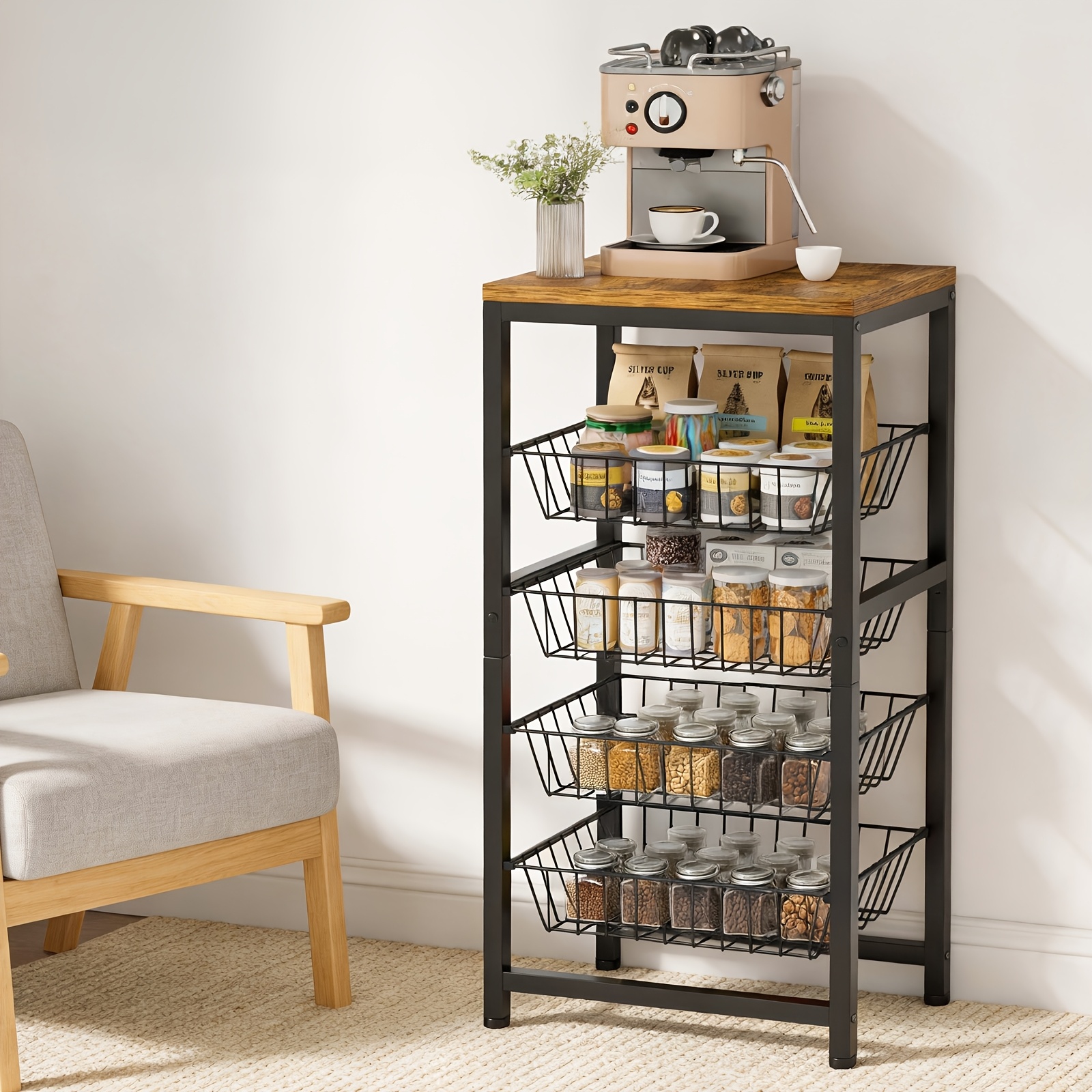 Multi-level Pull-out Storage Cart With 4-tier Steel Shelves & 4 Steel Baskets - Mobile Serving Trolley Suitable For, Cafe, Restaurant - Space- Storage Cart