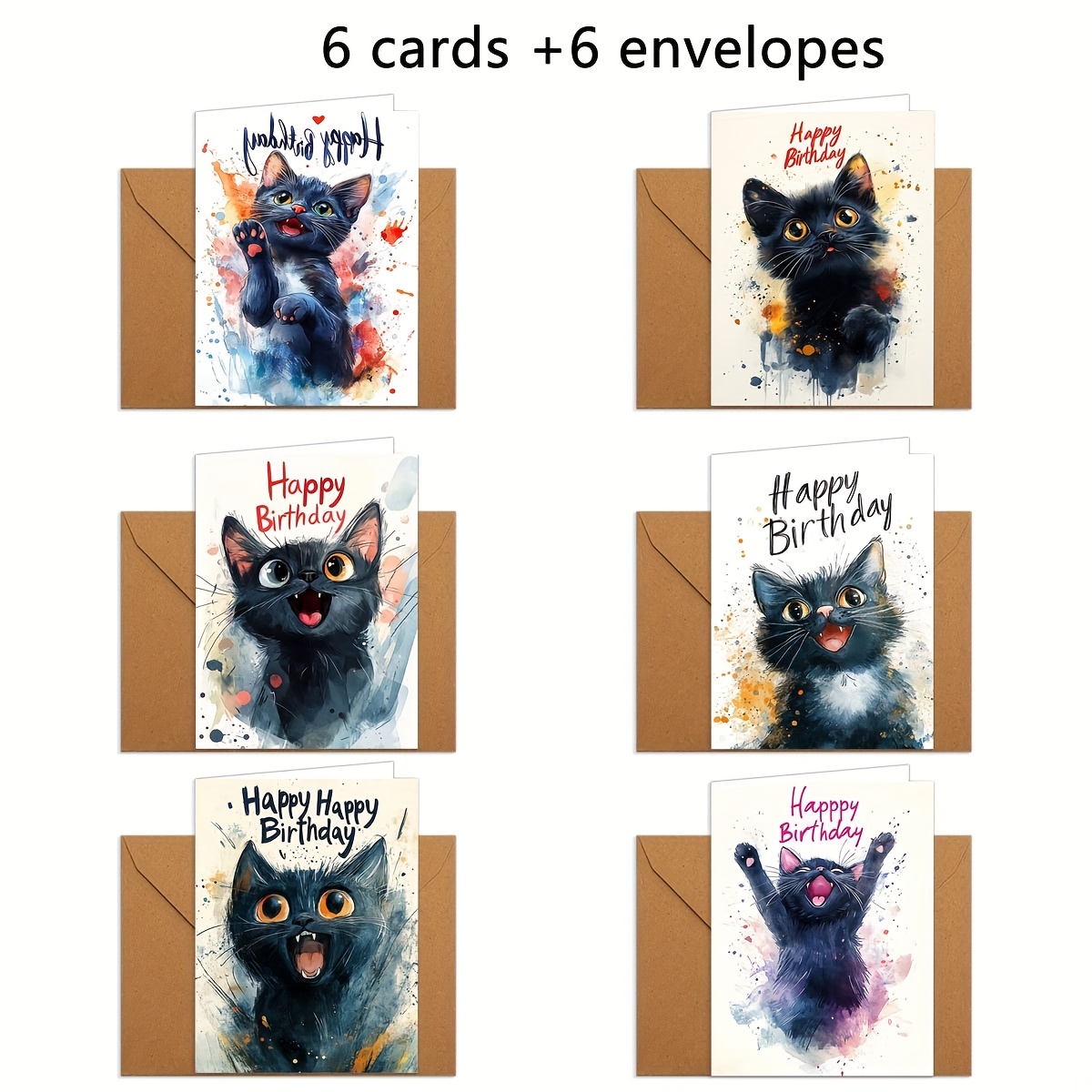 TEMU 1set/6pcs/12pcs Painted Funny And Cute Black Cat Illustration Birthday Card With Envelope Folding 9*13cm/3.54*5.11in Spread 18*13cm/7.08*5.11in
