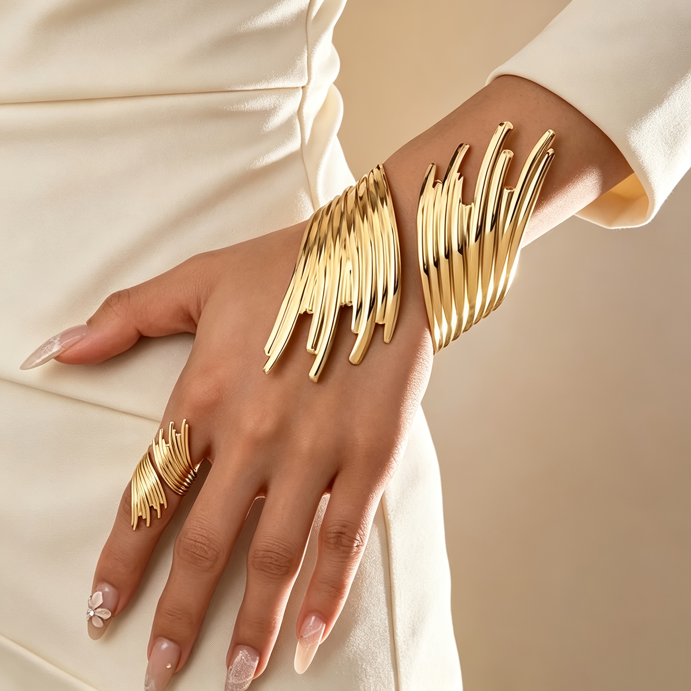 TEMU 2pcs Bracelet And Ring Set, Irregular Striped Openwork , Niche And Versatile Jewelry, Suitable For Commuting And Vacation, Women's Elegant Gift
