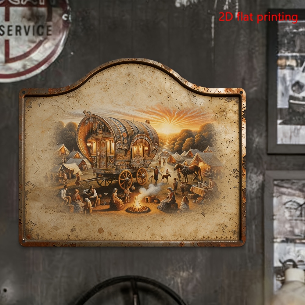 TEMU 1pc, 2d Flat, Signs Metal Sheet Painting Rustic Gypsy Wagon Scene On Metal Wall Art: Vintage Campfire Gathering , Tents & Sunset—perfect For
