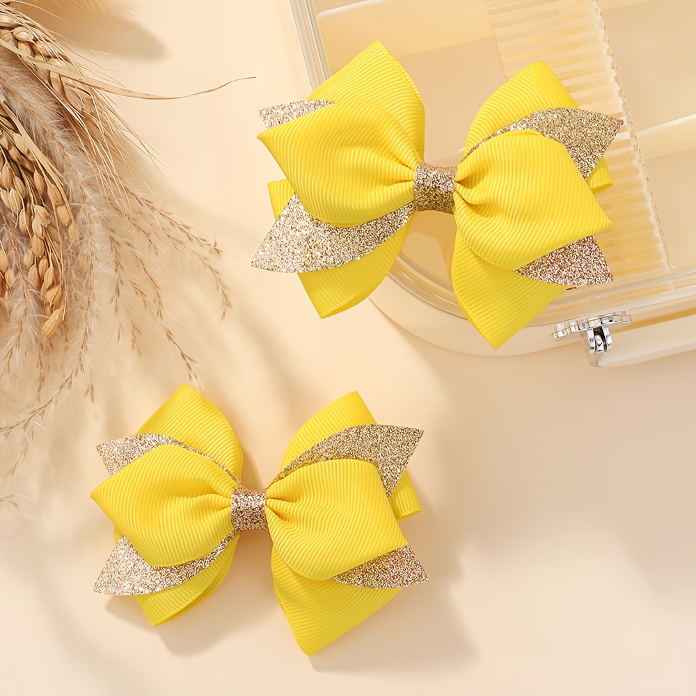 Image of 2pcs Candy Color ' Bow Hair Clip Printed Fabric Girl Ponytail Pair Clip Holiday Ball Academy Style Girl Hair Accessories
