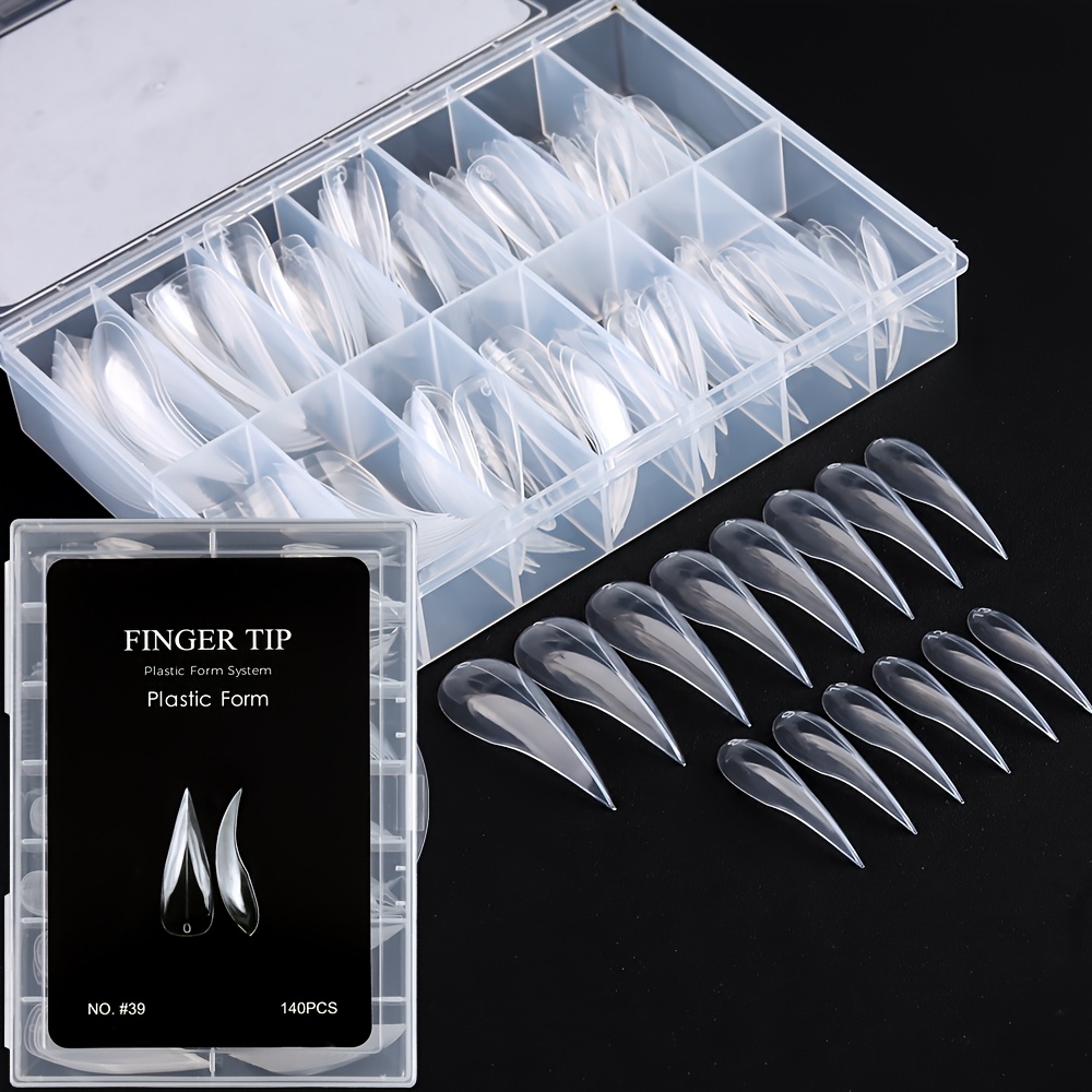 TEMU 140pcs/box Clear Curved Tips, Full Cover Long Stiletto False Nail Tips, 14 Sizes Acrylic Nail Extensions For Gothic & Cosplay Nail Decoration,