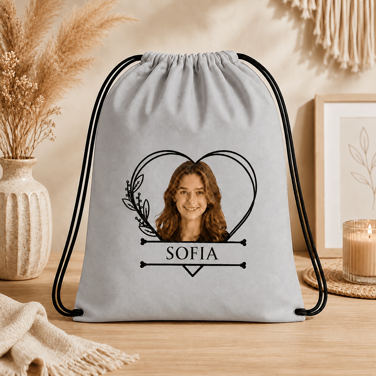 TEMU Personalized Name Custom Drawstring Backpack, Photo And Custom Text Font , Heart Lace Pattern Pouch, Large Capacity Options, Drawstring Closure