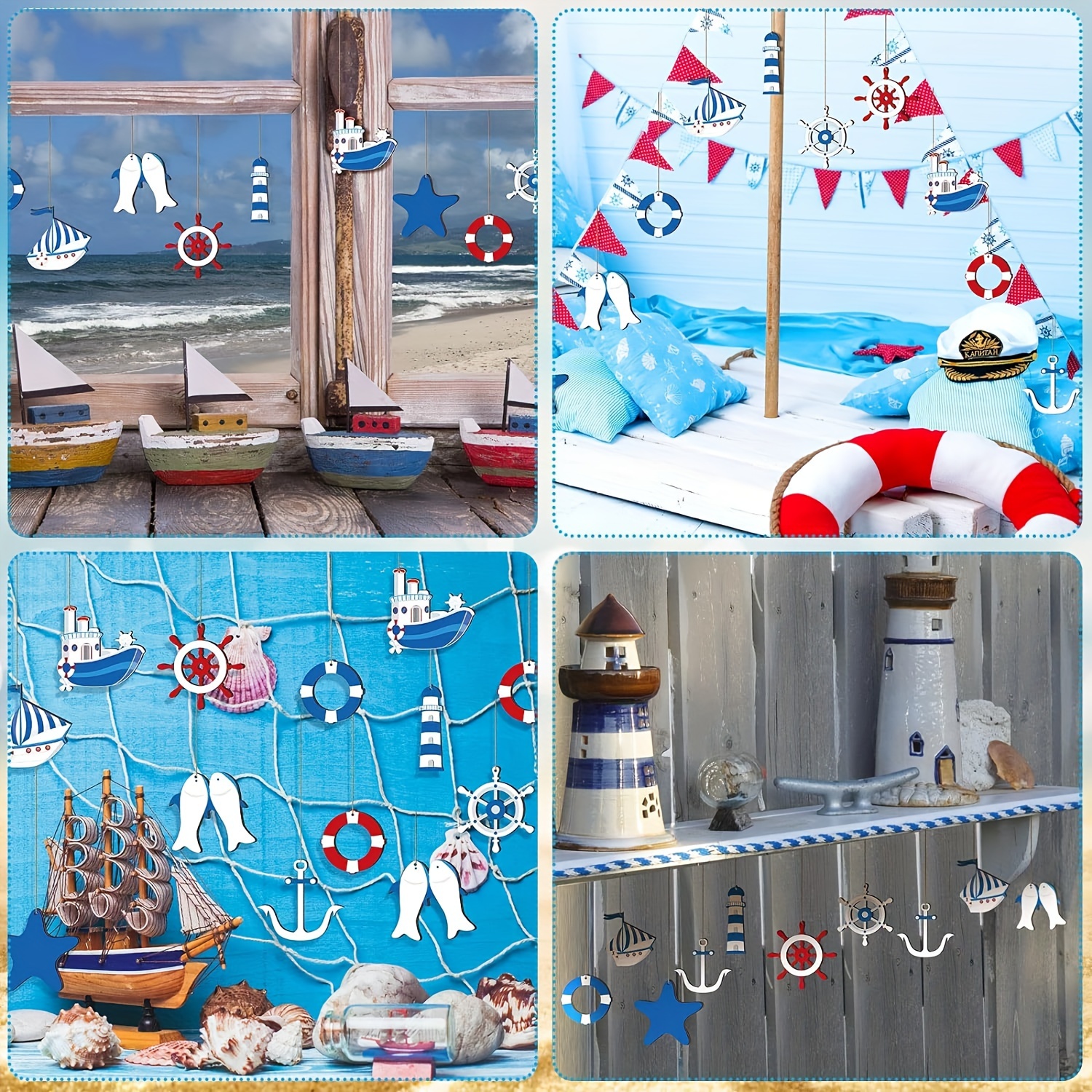 24pcs Wooden Nautical Ornaments Nautical Hanging Decorations Wood Beach  Tree Ornaments Miniature for Home Mini Anchor Life Ring Sea Star Sailboat  for