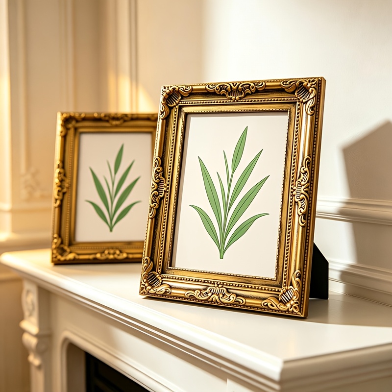 TEMU 2pcs Vintage Golden 4x6 Inch Picture Frames With Exquisite Carved Decorations, One-piece Molded Relief Photo Frame, For Tabletop Display, Room