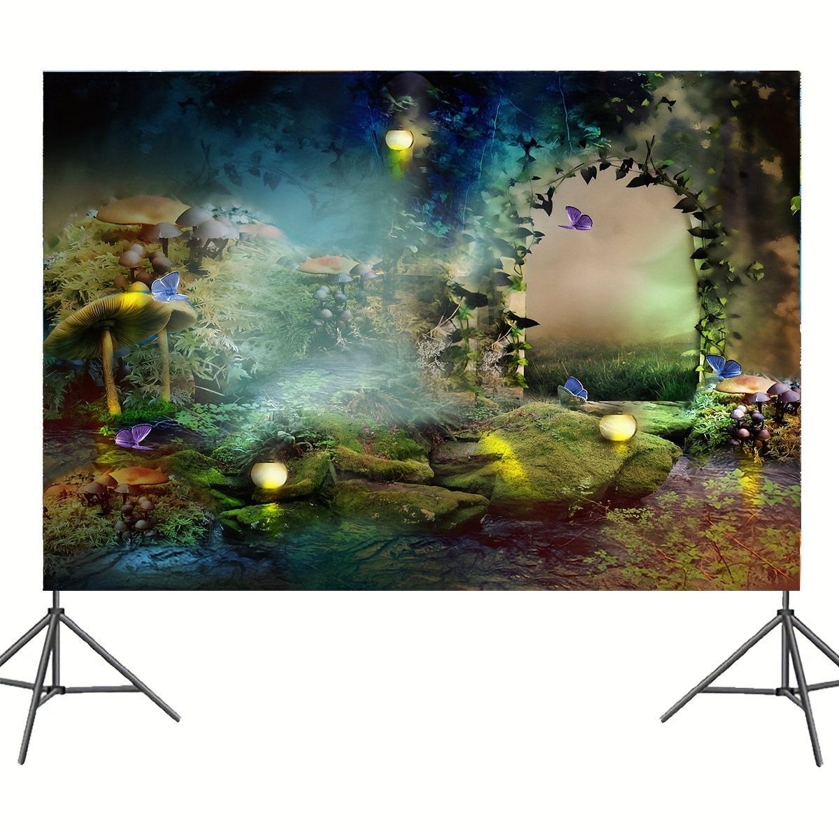 Enchanted Forest Birthday Backdrop, 1 Pcs Polyester Photography Background for Children's Boy Birthday Party Decorations, Universal Holiday Theme Without Electricity - Green Forest Secret Wonderland Banner