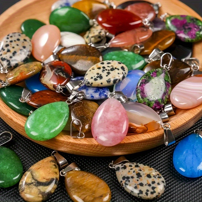 

Set Of 12 Natural Semi-precious Stone Flat Water Drop Pendants - Crystal Jewelry For Diy Necklaces And Accessories - Random Color , Ideal Gift