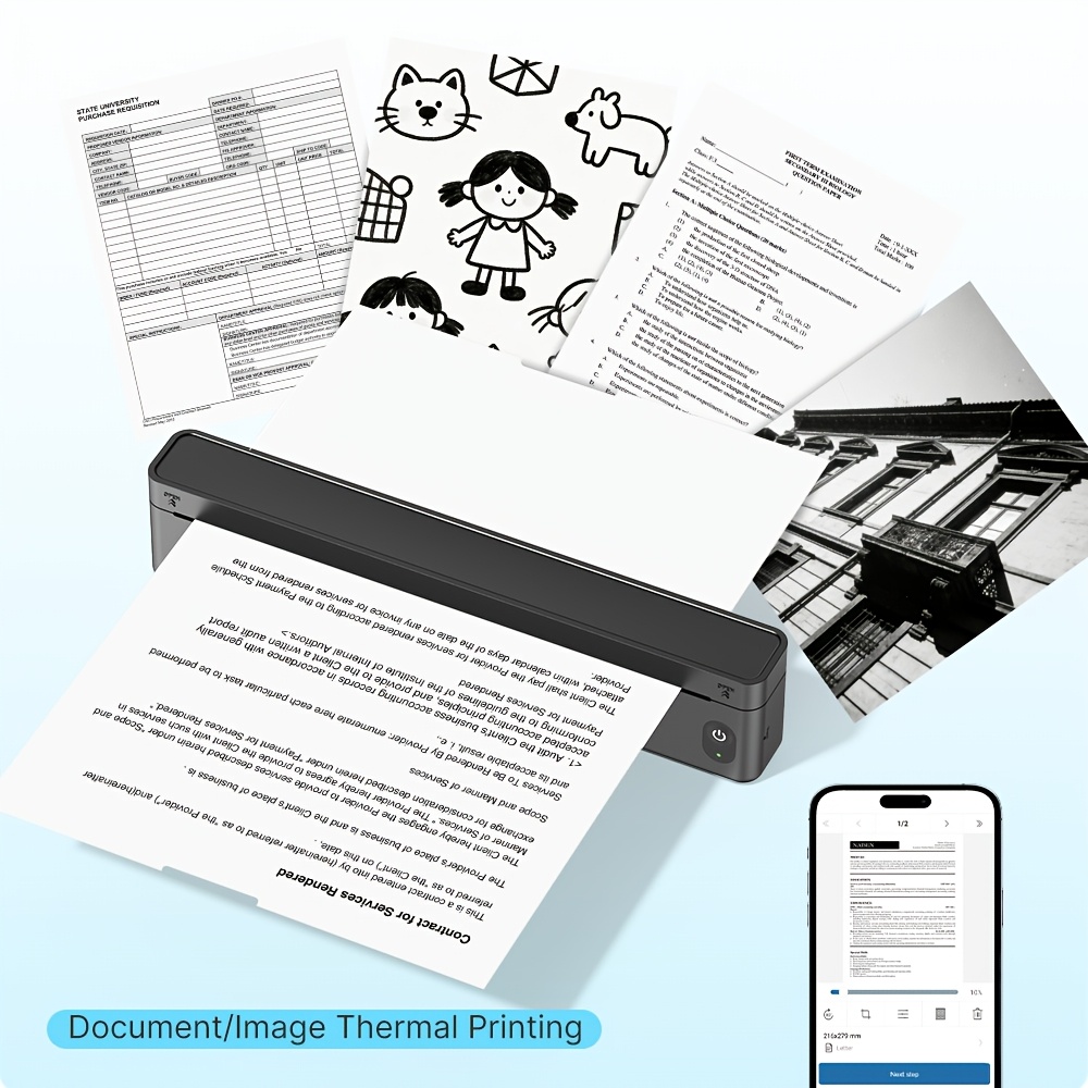 a10a portable thermal printer compatible for   ios pc wireless printer with thermal paper roll suitable for office documents receipts   instant printing for smartphones tablets devices