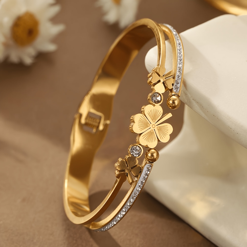 TEMU Pulsera de moda de con exquisito diseño de abierto, con de hoja y brazalete de acero inoxidable de capa