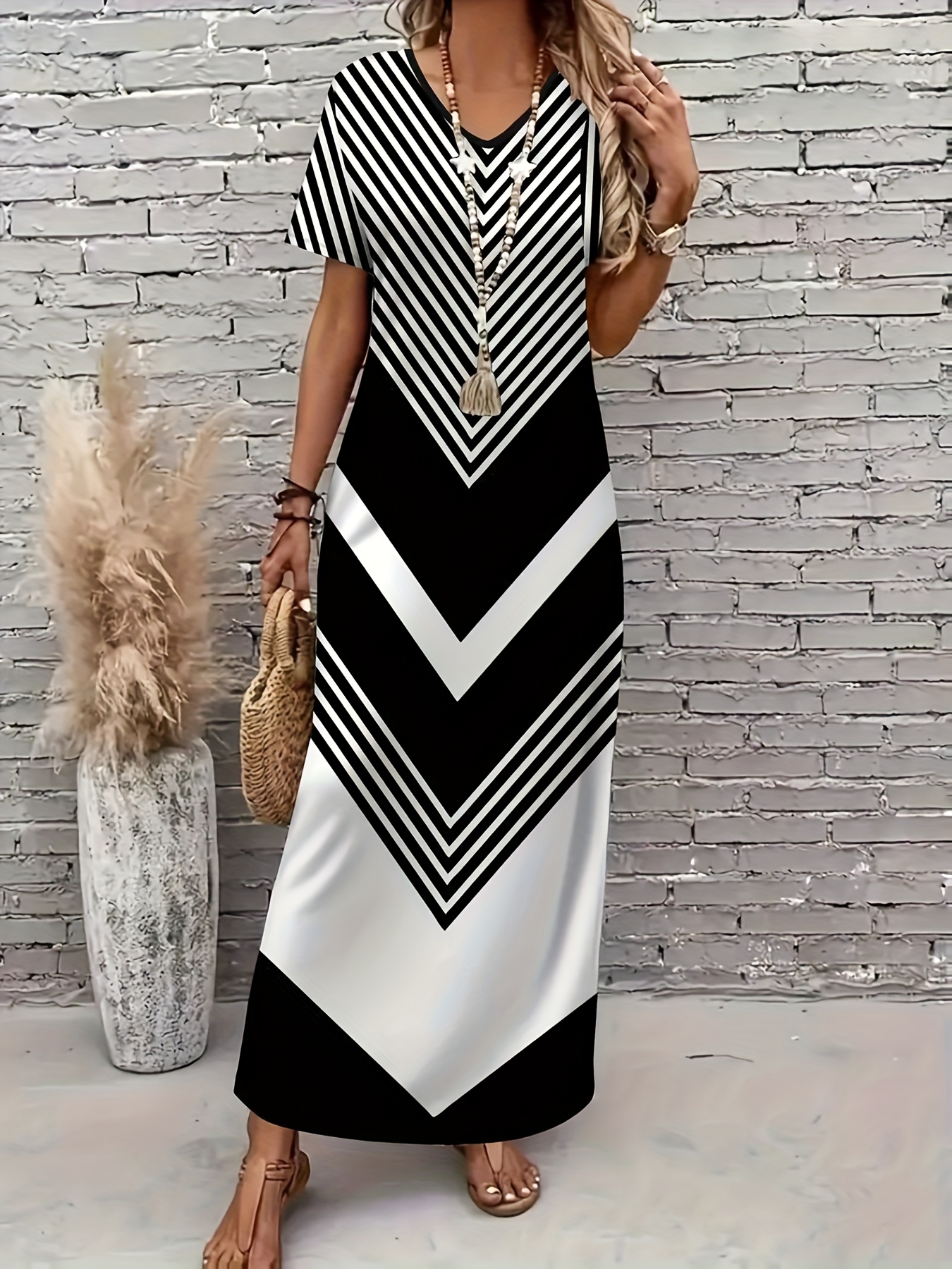 fitted lace wedding dress Black + White Chevron Maxi Dress – Tin Roof Vintage main image 1