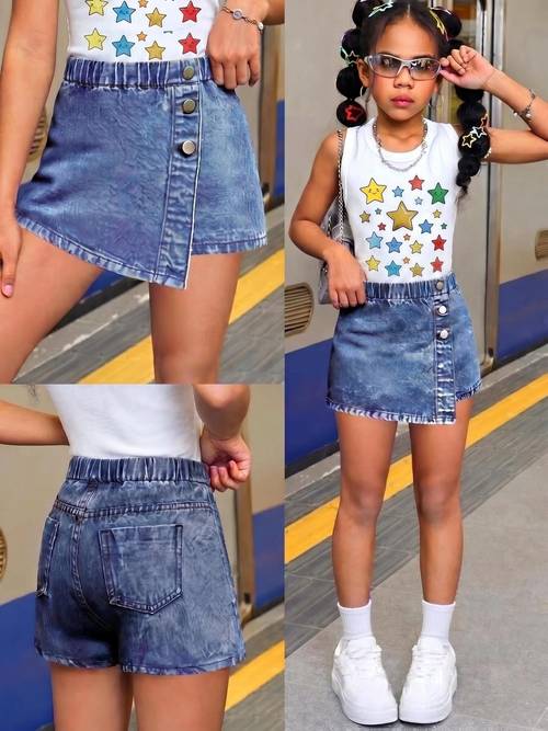 girls pink denim skirt pants spring and summer styles 3 two piece denim skirt pants a line version versatile and suitable for styles ideal for festivals leisure and wear