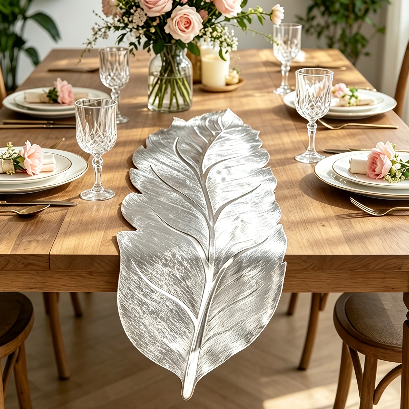 TEMU 1pc 1pcs Leaf Table Runner Suitable For Wedding, Birthday Party, Banquet Table Decor - Pvc Foil Leaf Table With , Elegant For Dining Table