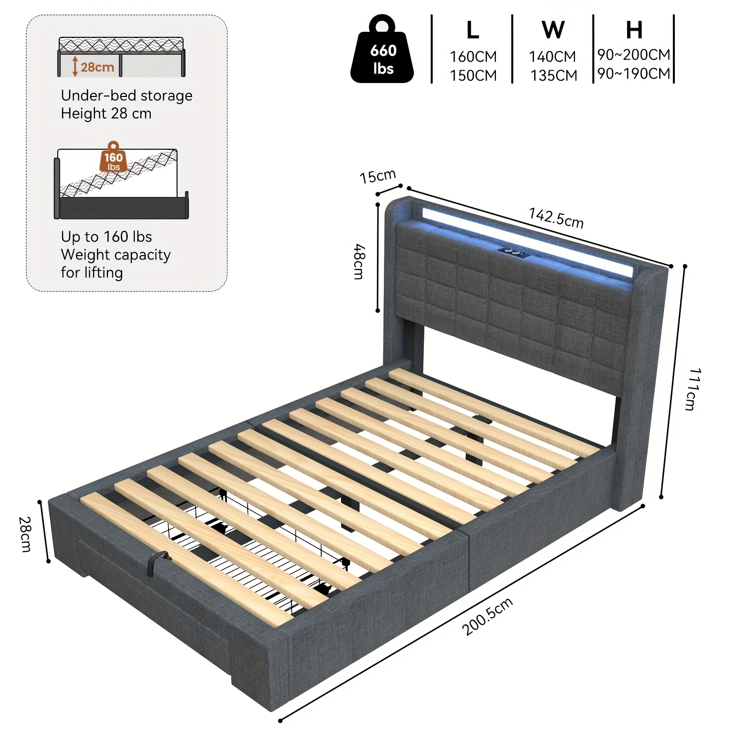 Image of Upholstered Bed Frame With Hydraulic Lift & Drawers & Concealed Storage Headboard, 140x200cm Bed Frame With Led Lighting, Linen Functional Ottoman Storage Beds With Wooden Slats, Grey
