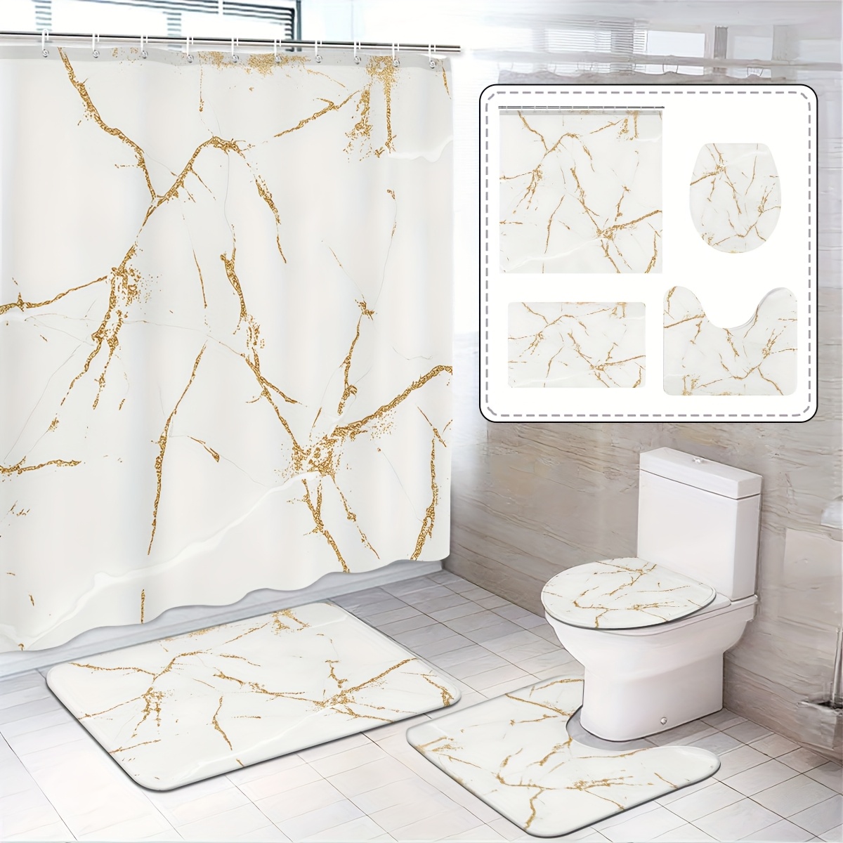 TEMU 1 Shower Curtain Set With Hooks, With Golden ., Bathroom Curtains, Artistic Shower Curtains, Polyester Fabric, Bathroom Decorations