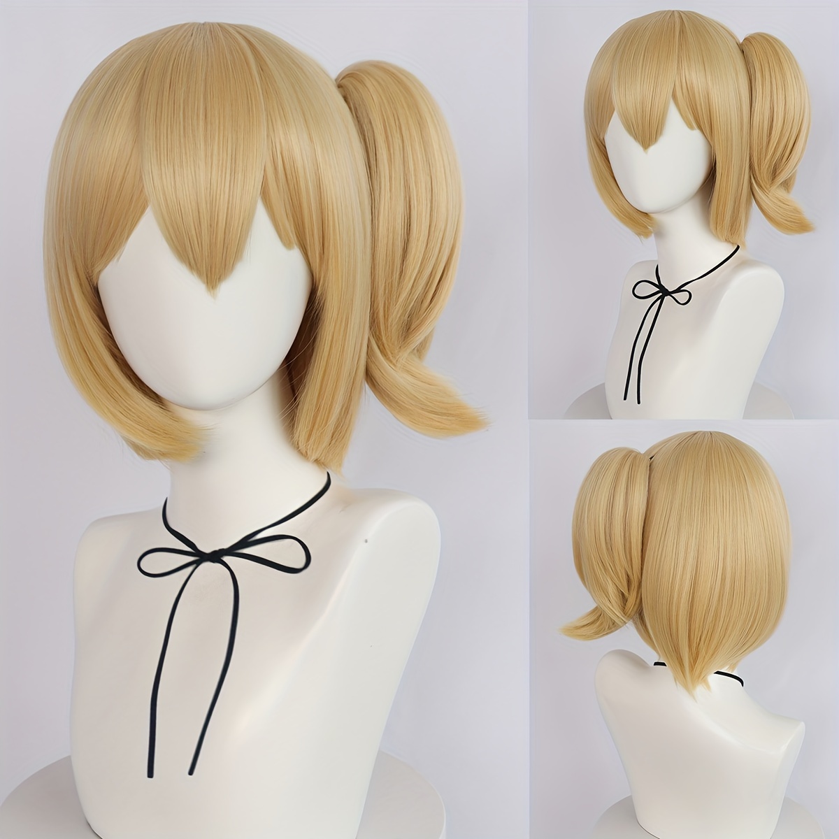 Synthetic Blonde Bob Wig with Bangs Ponytail Clip *!! Hitoka Cosplay  Wig, Straight Short Fluffy Wig for Women, Glueless Halloween, Birthday, 