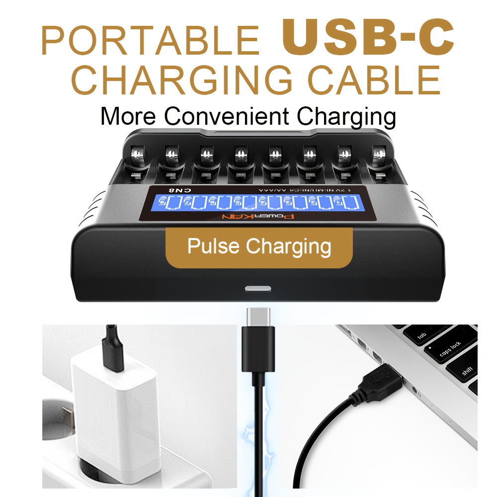 Set (Batterij + Oplader), POWERKAN 1.2V Ni-MH Oplaadbare AA en AAA Batterijen + CN8 Oplader, Herbruikbaar en Herbruikbaar, 800mAh AA Batterijen x8st en 300mAh AAA Batterijen x8st Combo met 5V 2A USB Snellaad AA AAA Oplader, Essentiële Starterkit voor Thuis Elektronica Accessoires