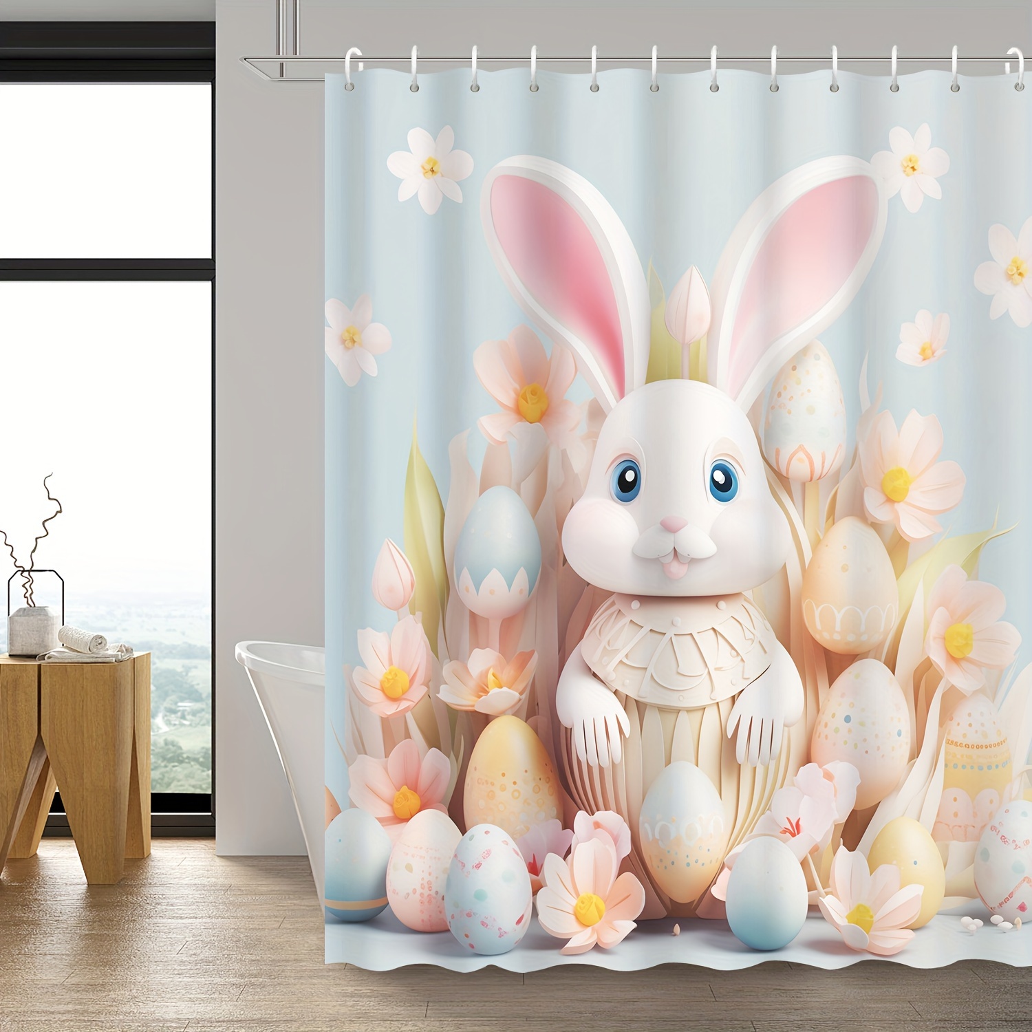 1pc Spring Egg Flower Printed Shower Curtain, Waterproof Shower Curtain  With Hooks, Bathroom Partition, Aesthetic Bathroom Decoration, Bathtub  Curtain
