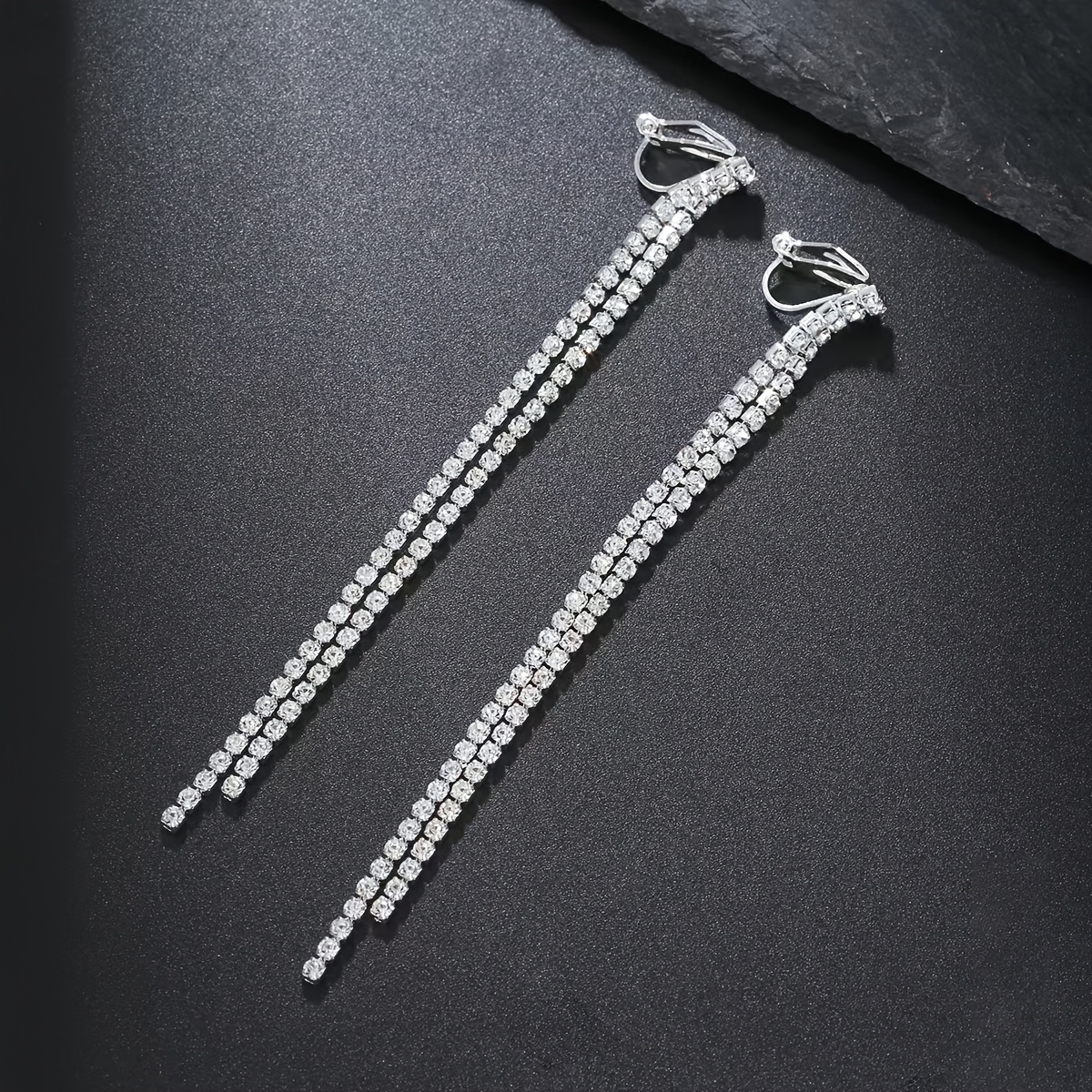 TEMU Bohemian New Style Inlay Rhinestones, Long Tassel Clip On Earrings, Simple And Non Perforated Earrings For Women Suitable For Women's Weddings