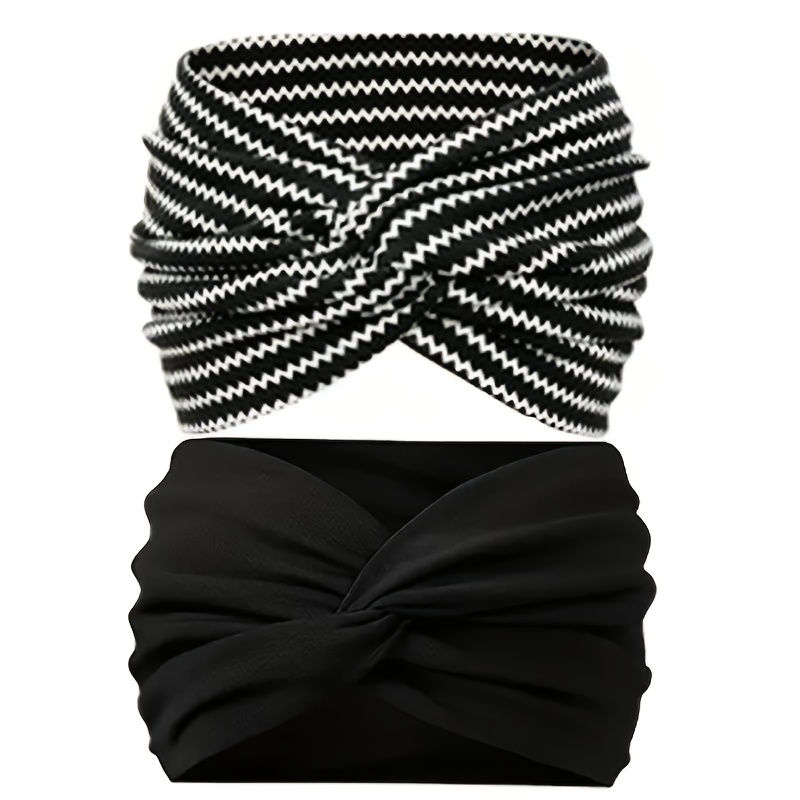 2pcs Striped/solid Bohemian Fashion Retro Widened Knotted Headband - Women's Multifunctional Hair Additions, Suitable For Most People