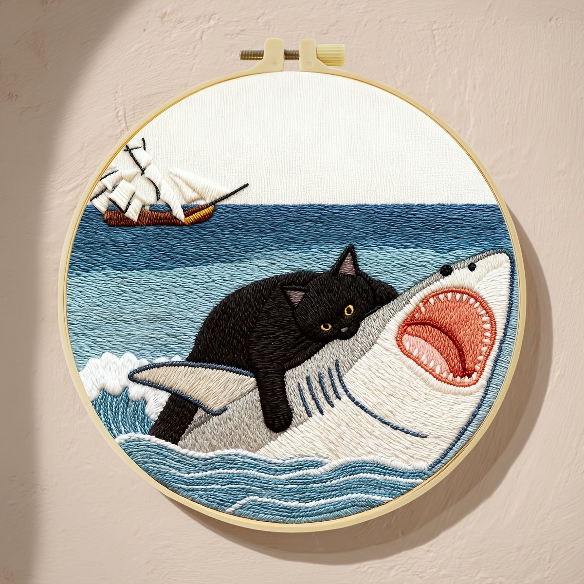 TEMU Kit de broderie, 20x20cm/7,9x7,9 pouces, Chat chassant un requin, Kit de broderie fait main à faire soi-même, Convient aux adultes débutants,
