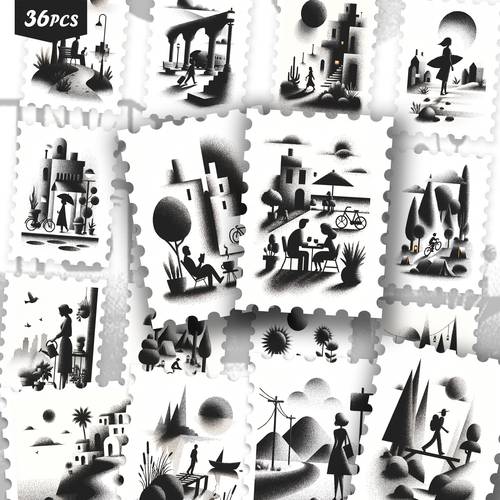 item picture 36pcs monochrome dot illustration art stickers minimalist cafe cycling hiking house plant mountain daily landscape cutout sticker set for journals planners laptops