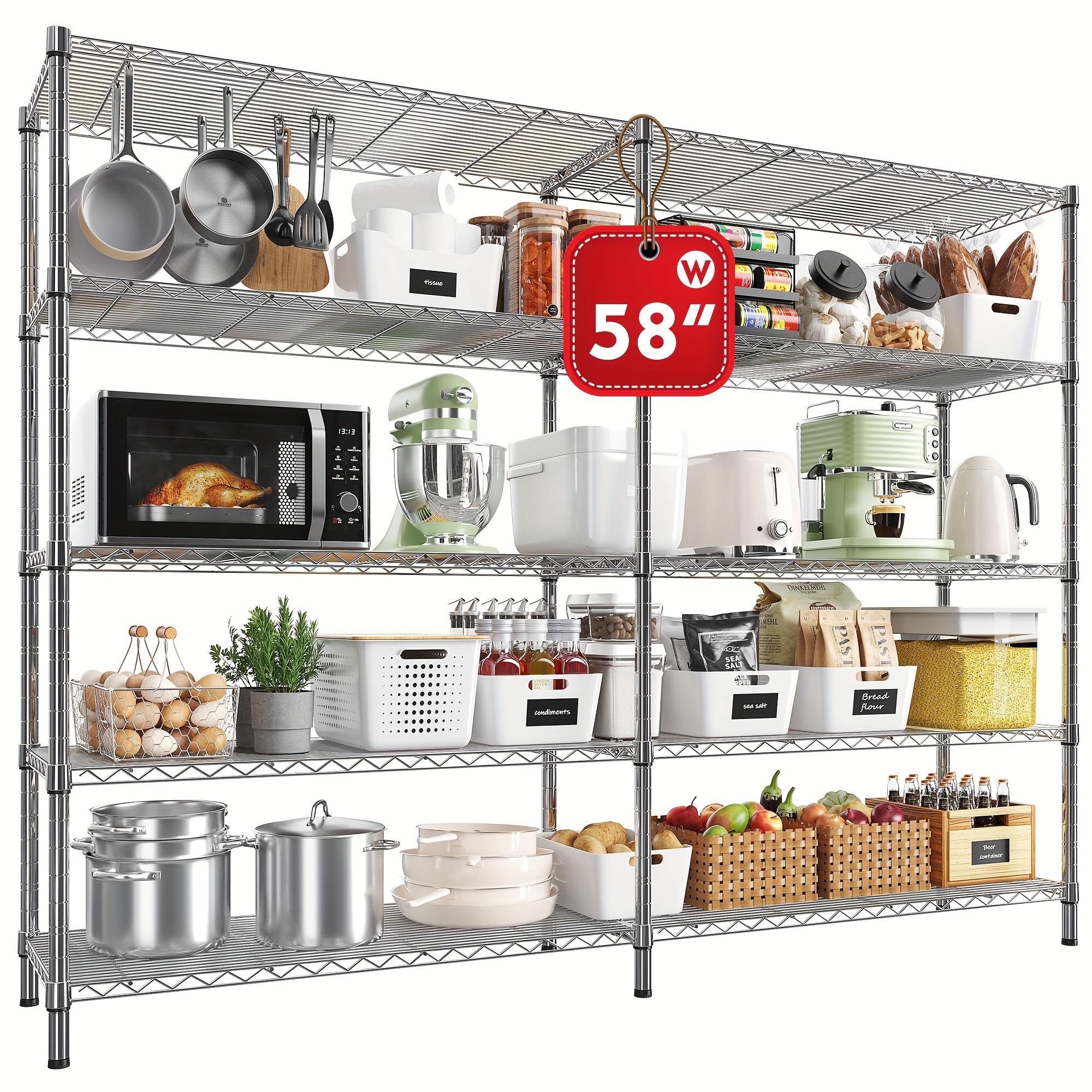 

58" W Shelves 1400lb Metal Shelves For 5 Duty Pantry 58" W X 59" H X 13.8" D,