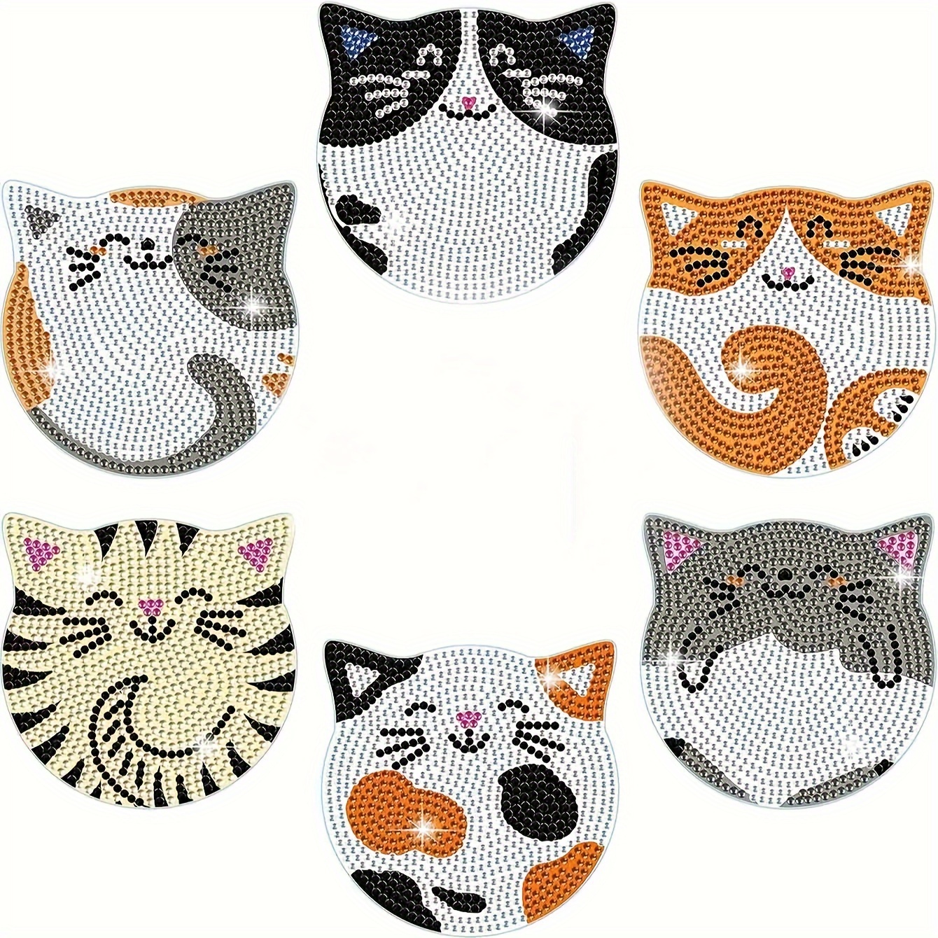 

6pcs Cute Cat Diy Diamond Art Painting Coaster Kit, Mosaic Making Wooden Gift, Adult Small Diamond Art Painting Kit