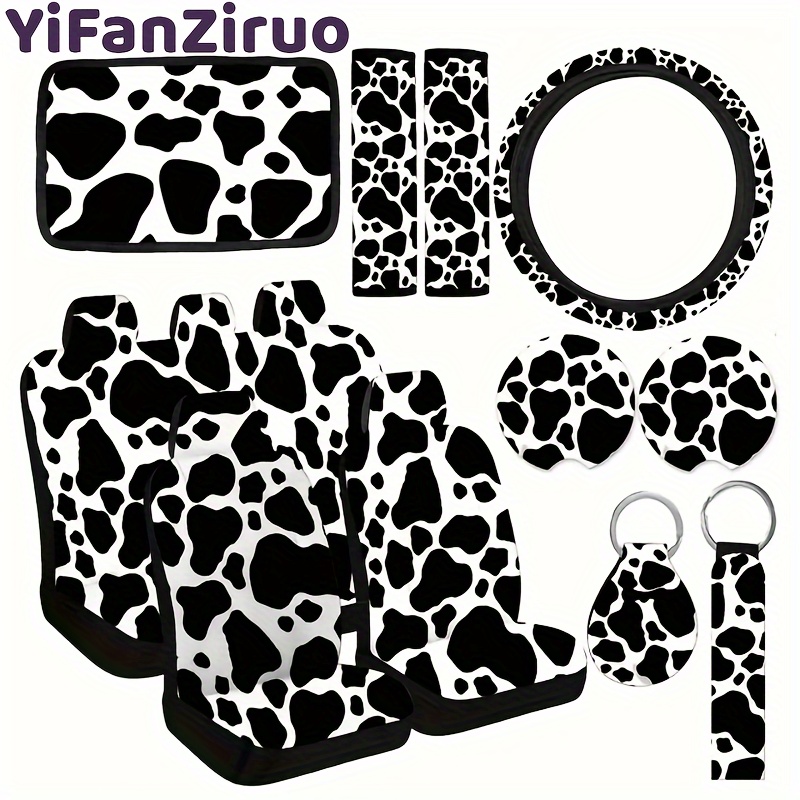 TEMU 15pcs Car Accessory Collection - Featuring Cow Print Design With Seat Covers, Steering Wheel Cover, Armrest And Shoulder Pads, Along With A Keychain