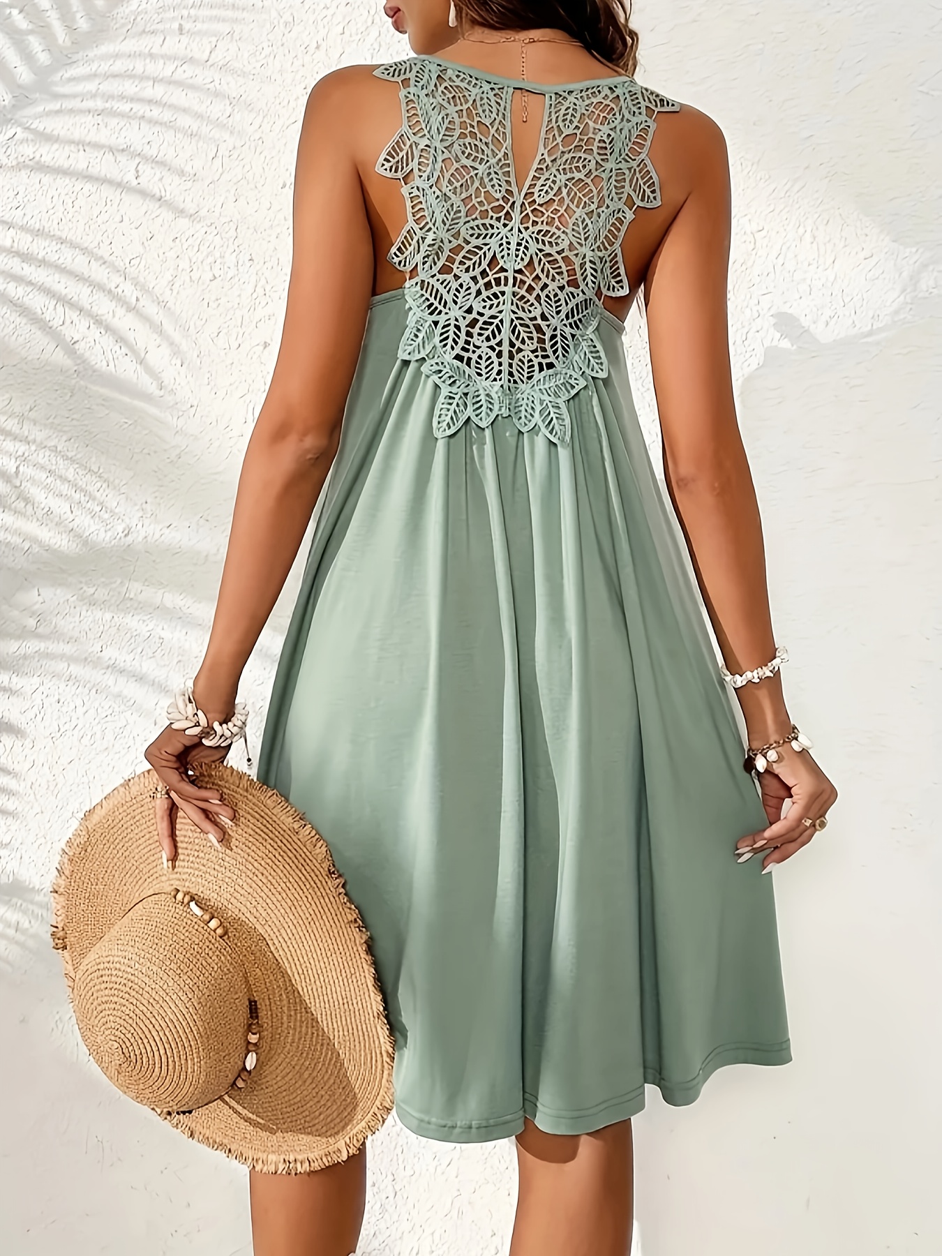 womens sleeveless mint green dress contrast lace back v neck - Temu