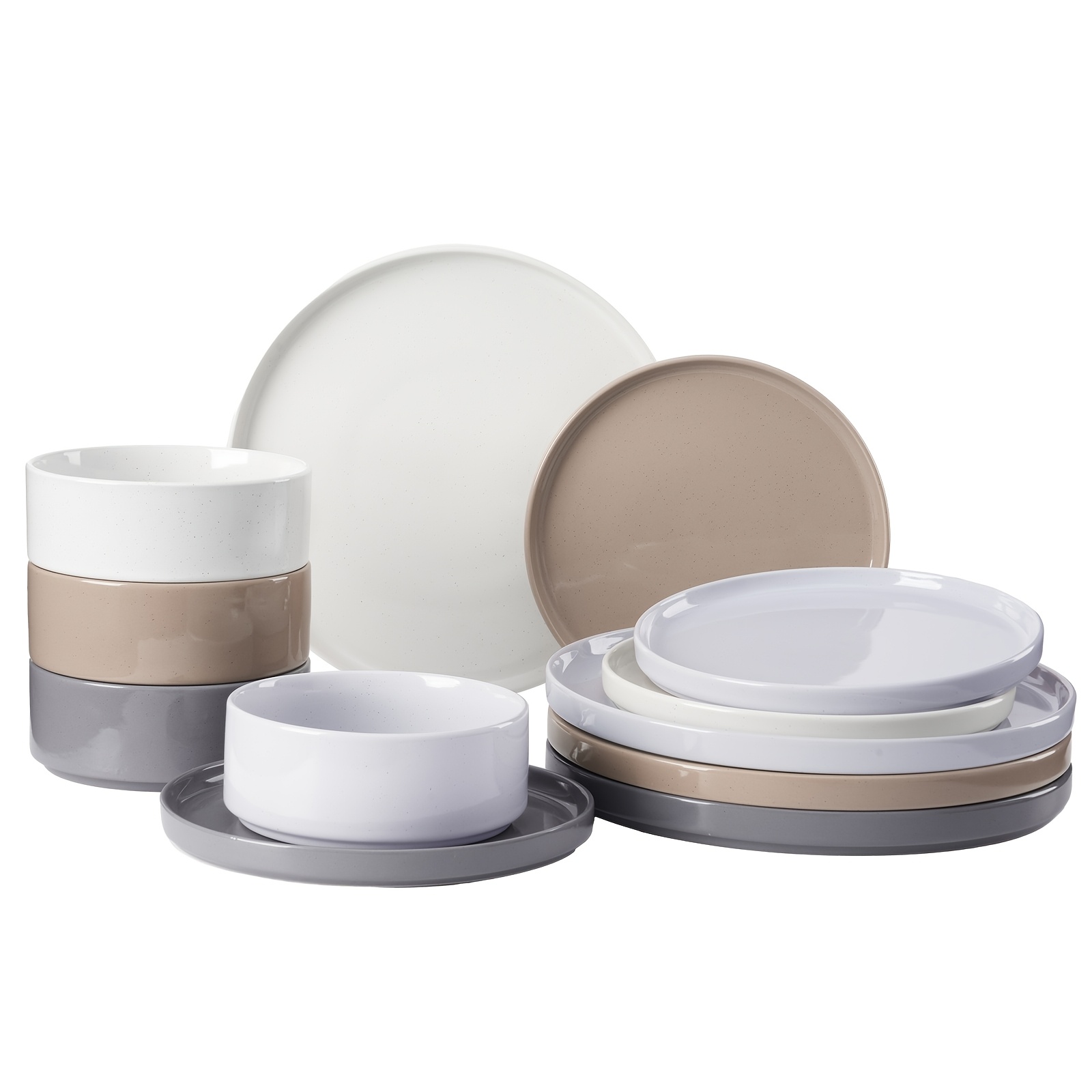 12pcs Plate Set And Bowl Set, Stoneware Crockery Set, Dinner Service, Microwave And Dishwasher Safe, White