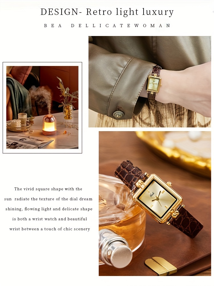 womens vintage square quartz watch luxury waterproof fashion analog genuine leather wrist watch details 1