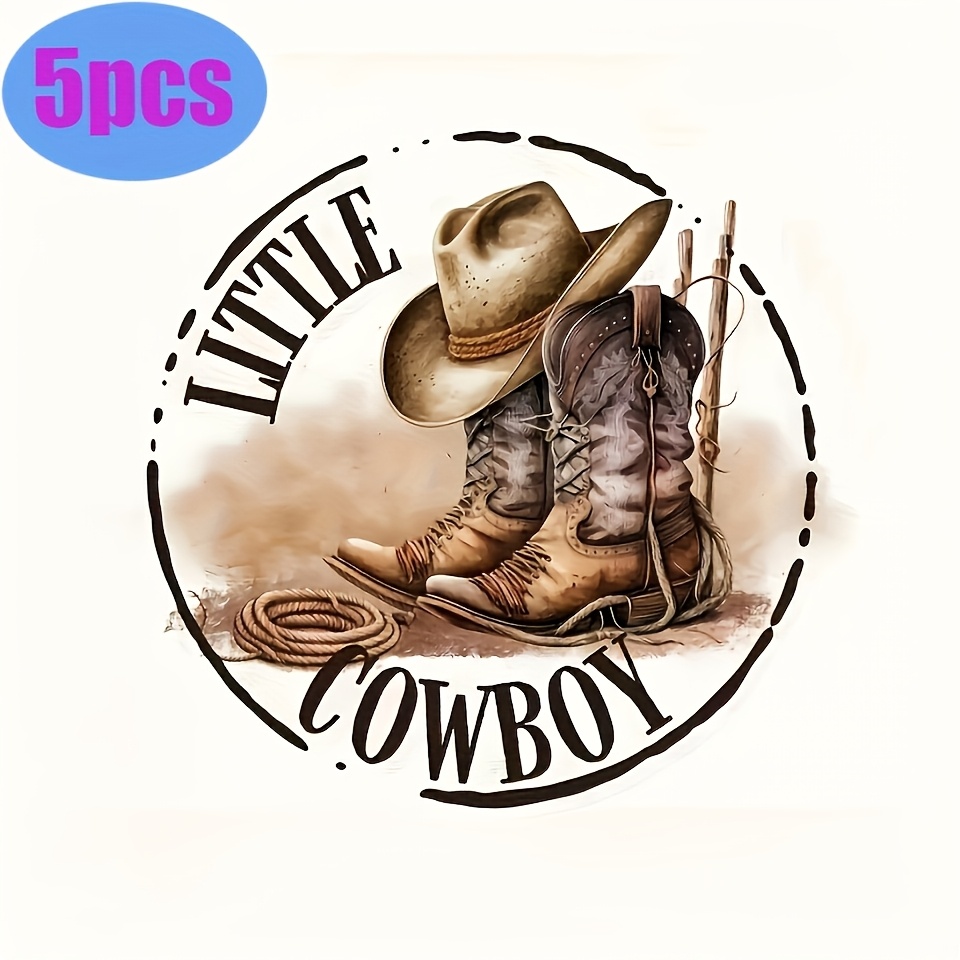 TEMU 5pcs Of "little Cowboy" Vinyl Heat Transfer Decals - Washable And Durable, Suitable For T-shirts, Jackets, Jeans, Hoodies - Featuring A Country